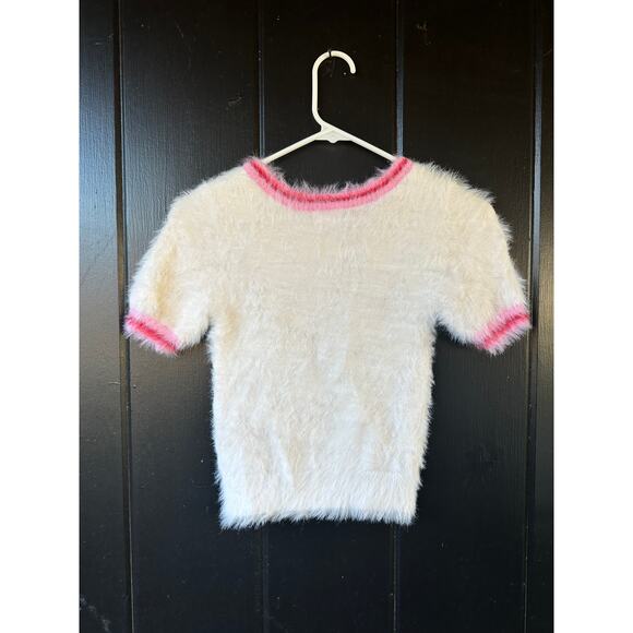 Fuzzy Heart Knit Short Sleeve Sweater Top White Pink Red Women Y2K Soft Tee - Picture 3 of 3